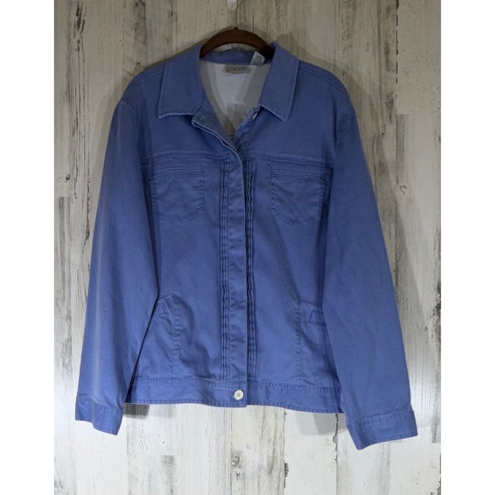 Chicos Trucker Jacket Size 3 or XL Blue Periwinkle Pleated Front Cotton Stretch